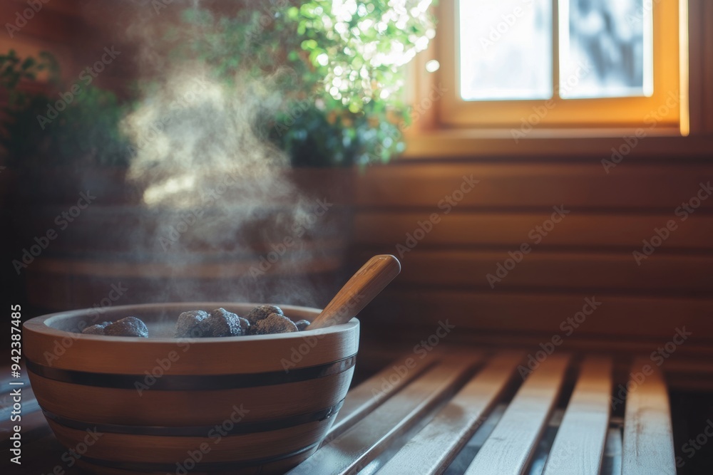 Warm steam rises from a wooden bowl filled with fresh herbs in a cozy cabin during a tranquil morning Warm steam rises from a wooden bowl filled with fresh herbs in a cozy cabin during a tranquil morning