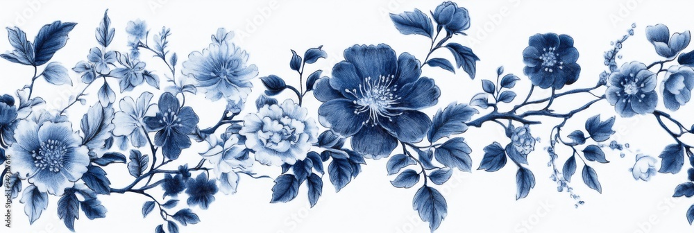 This blue floral pattern on a white backdrop evokes classic porcelain motifs, adding timeless elegance and sophistication. Its ideal for stylish decor, transforming spaces into luxurious havens This blue floral pattern on a white backdrop evokes classic porcelain motifs, adding timeless elegance and sophistication. Its ideal for stylish decor, transforming spaces into luxurious havens