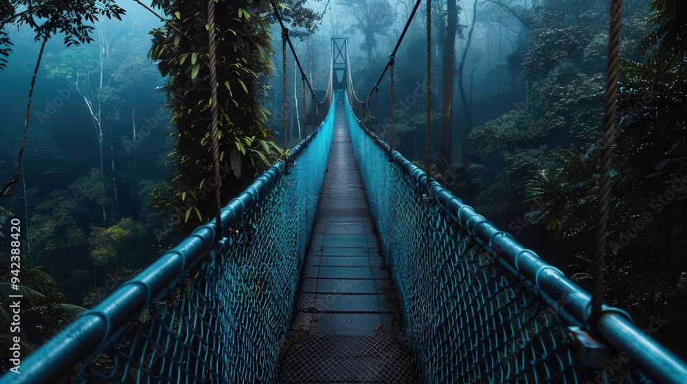 Obraz premium Rainforest canopy walkway, Fantasy, Lush, Watercolor, Highlighting unique ecosystem perspective