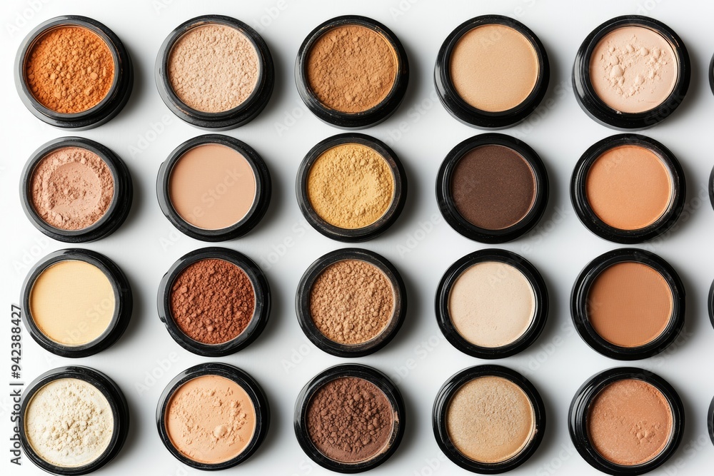 A vibrant collection of diverse makeup powders arranged neatly in circular containers on a minimalistic background A vibrant collection of diverse makeup powders arranged neatly in circular containers on a minimalistic background