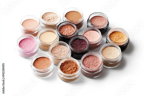 Colorful array of loose mineral powders arranged in clear containers, showcasing vibrant shades and textures for creative makeup application