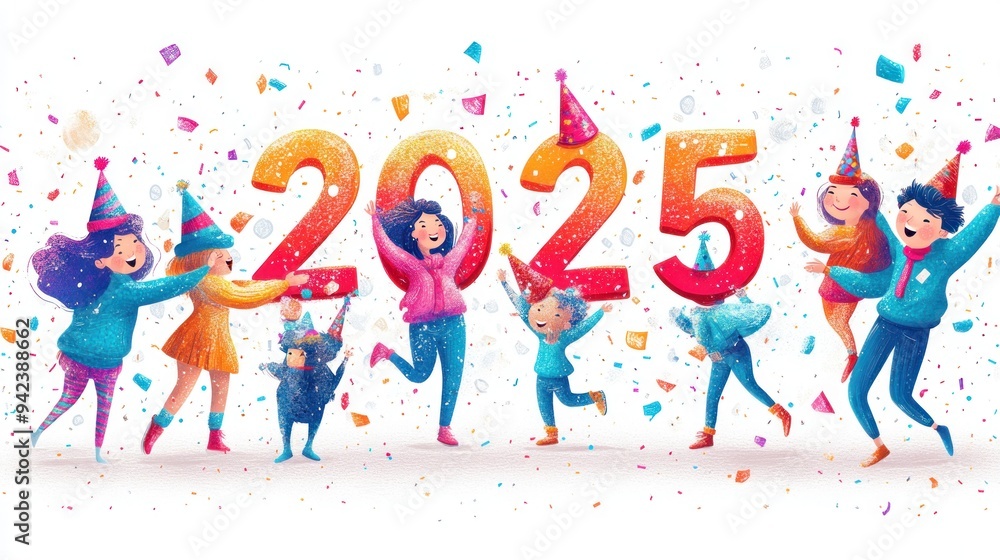 Happy Children Celebrating New Year 2025 with Confetti Happy Children Celebrating New Year 2025 with Confetti