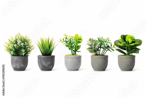 Vibrant assortment of potted plants arranged on a minimalist table, showcasing a variety of textures and greenery in a bright, modern setting