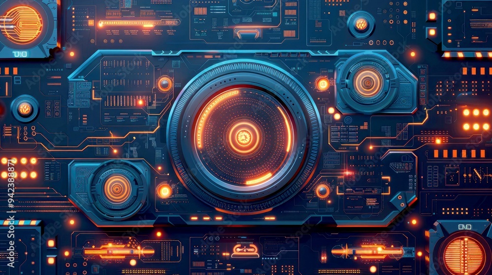 Futuristic Interface with Orange Glowing Lights and Circuitry Futuristic Interface with Orange Glowing Lights and Circuitry