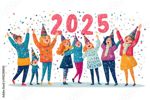 Group of People Celebrating New Year's Eve 2025 with Confetti photo