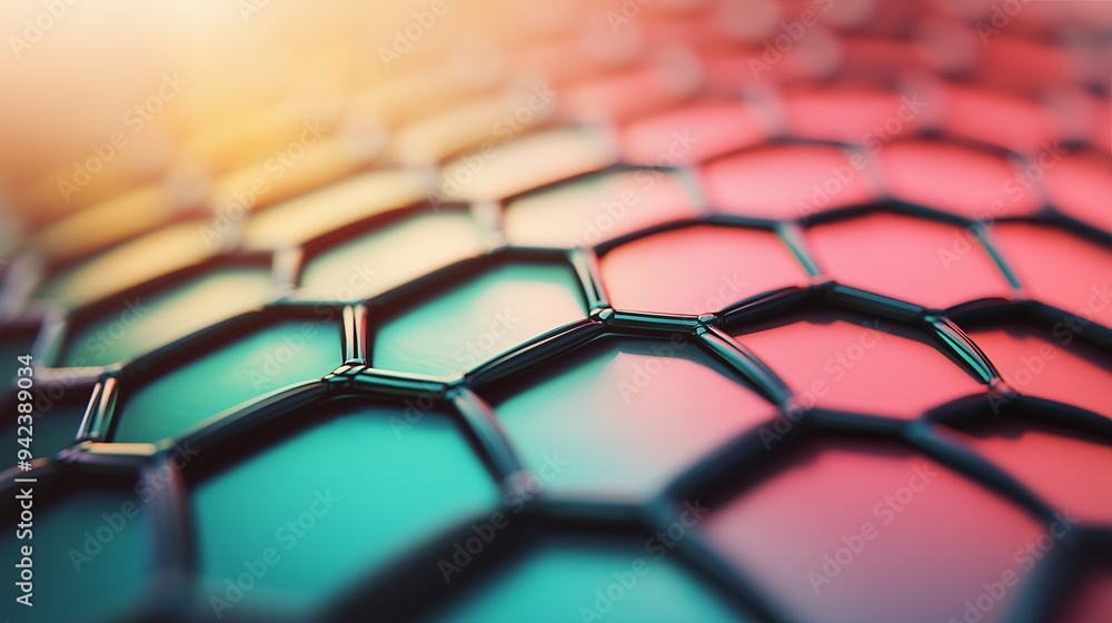 A close-up view of a textured hexagonal pattern with vibrant colors. A close-up view of a textured hexagonal pattern with vibrant colors.