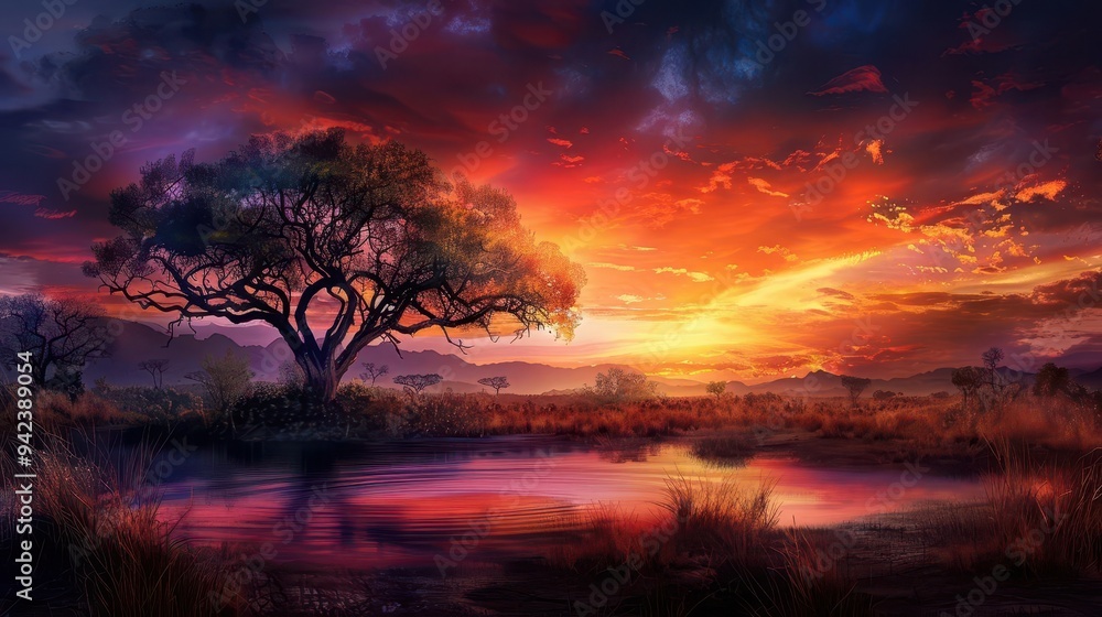 Savanna landscape at sunset, Fantasy, Warm, Watercolor, Emphasizing natural beauty Savanna landscape at sunset, Fantasy, Warm, Watercolor, Emphasizing natural beauty