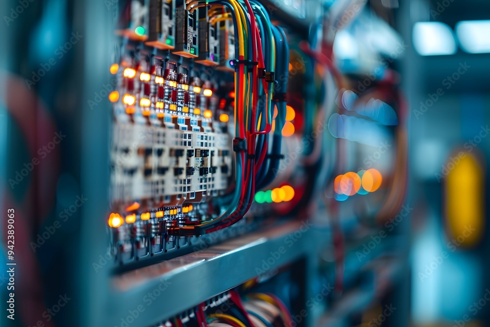 A closeup shot of an electrical panel with wires emphasizes the small details like printed circuit boards and colorful data. The background is blurred to focus on the electrical equipment in the foreg A closeup shot of an electrical panel with wires emphasizes the small details like printed circuit boards and colorful data. The background is blurred to focus on the electrical equipment in the foreg