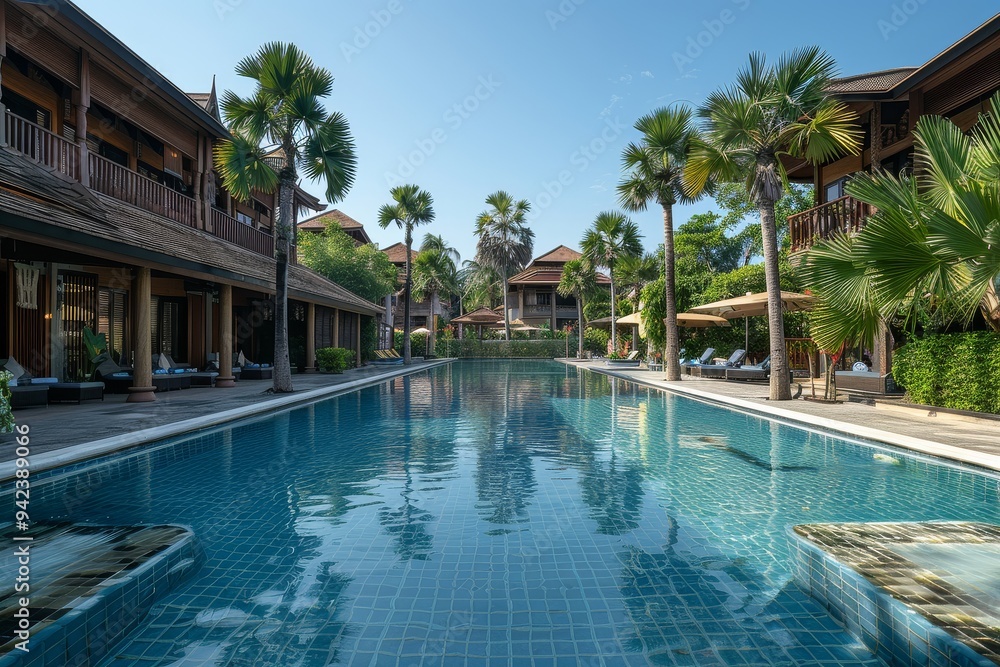 Large empty swimming pool surrounded by palm trees and wooden buildings with white tiled ground in Thailand. Large empty swimming pool surrounded by palm trees and wooden buildings with white tiled ground in Thailand.
