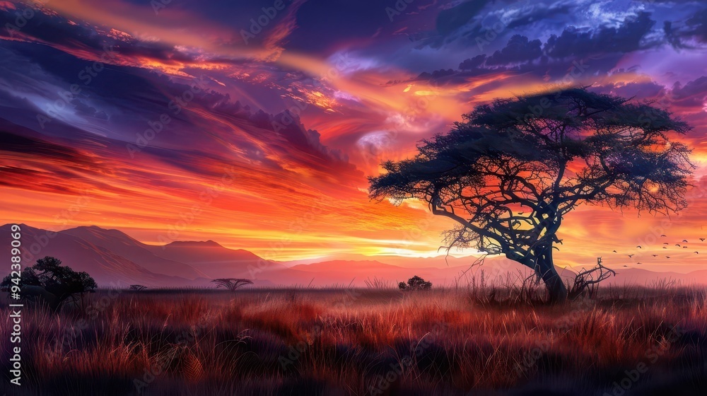 Savanna landscape at sunset, Fantasy, Warm, Watercolor, Emphasizing natural beauty Savanna landscape at sunset, Fantasy, Warm, Watercolor, Emphasizing natural beauty