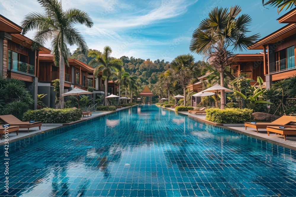 Large empty swimming pool surrounded by palm trees and wooden buildings with white tiled ground in Thailand. Large empty swimming pool surrounded by palm trees and wooden buildings with white tiled ground in Thailand.