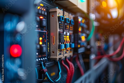 A closeup shot of an electrical panel with wires emphasizes the small details like printed circuit boards and colorful data. The background is blurred to focus on the electrical equipment in the foreg