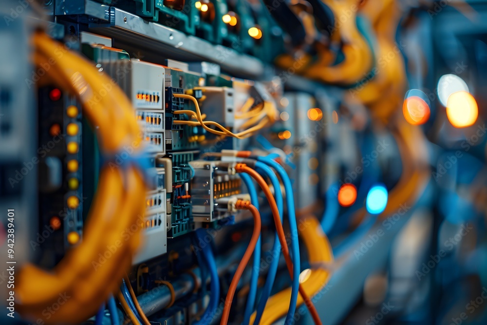 A closeup shot of an electrical panel with wires emphasizes the small details like printed circuit boards and colorful data. The background is blurred to focus on the electrical equipment in the foreg A closeup shot of an electrical panel with wires emphasizes the small details like printed circuit boards and colorful data. The background is blurred to focus on the electrical equipment in the foreg