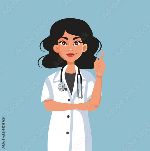 Female Doctor Pointing her Finger Giving Medical Advice Vector Illustration. Medical specialist recommending health advice to patients 
