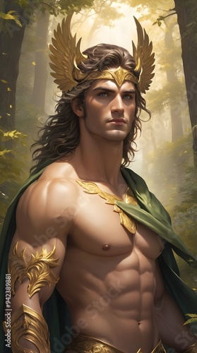 A muscular Greek demigod with a green scarf standing in the middle of the forest photo