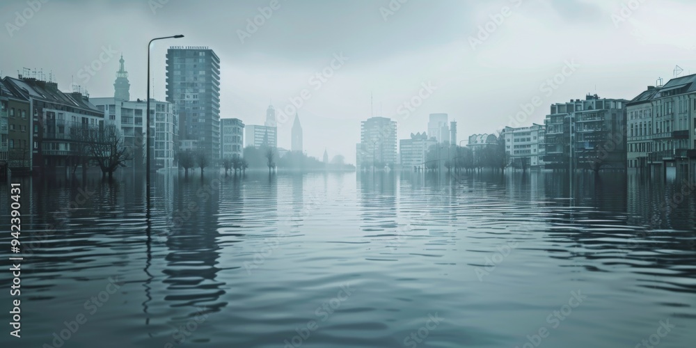 Fototapeta premium Urban landscape submerged in water after heavy rainfall, showcasing buildings and streetlights in a misty atmosphere