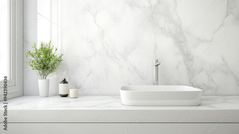 Fototapeta premium Luxury white marble bathroom countertop with copy spaceLuxury white marble bathroom countertop with copy space with generative ai