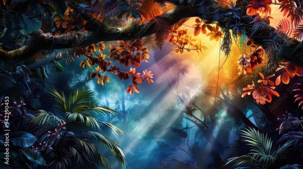 Fototapeta premium Ziplining through a rainforest canopy, Fantasy, Exciting, Watercolor, Highlighting adventure