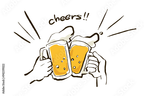 ビールの乾杯イラスト(cheers、カラー01)