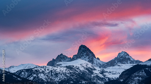 USA, Wyoming. Sunset of Grand Teton and Table Mountain seen from west. photo