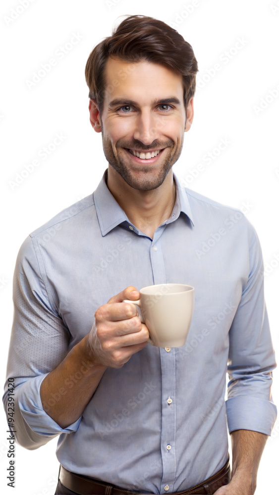 Man smiling while holding a coffee mug, ready to start his day Man smiling while holding a coffee mug, ready to start his day