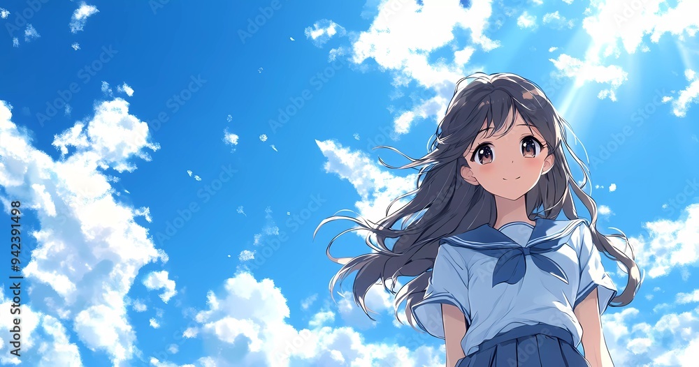 An anime-style background with a blue sky and white clouds, featuring the upper body of a beautiful girl in a Japanese high school uniform on one side An anime-style background with a blue sky and white clouds, featuring the upper body of a beautiful girl in a Japanese high school uniform on one side