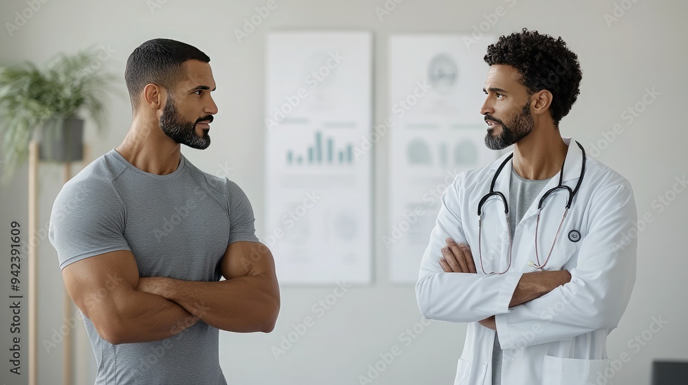 Two men discussing health in a modern clinic, showcasing a doctor-patient interaction and promoting wellness. Two men discussing health in a modern clinic, showcasing a doctor-patient interaction and promoting wellness.