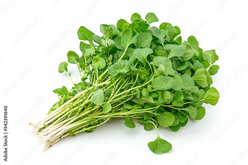 A bunch of fresh watercress with vibrant green leaves, commonly used in salads and dishes. A bunch of fresh watercress with vibrant green leaves, commonly used in salads and dishes.