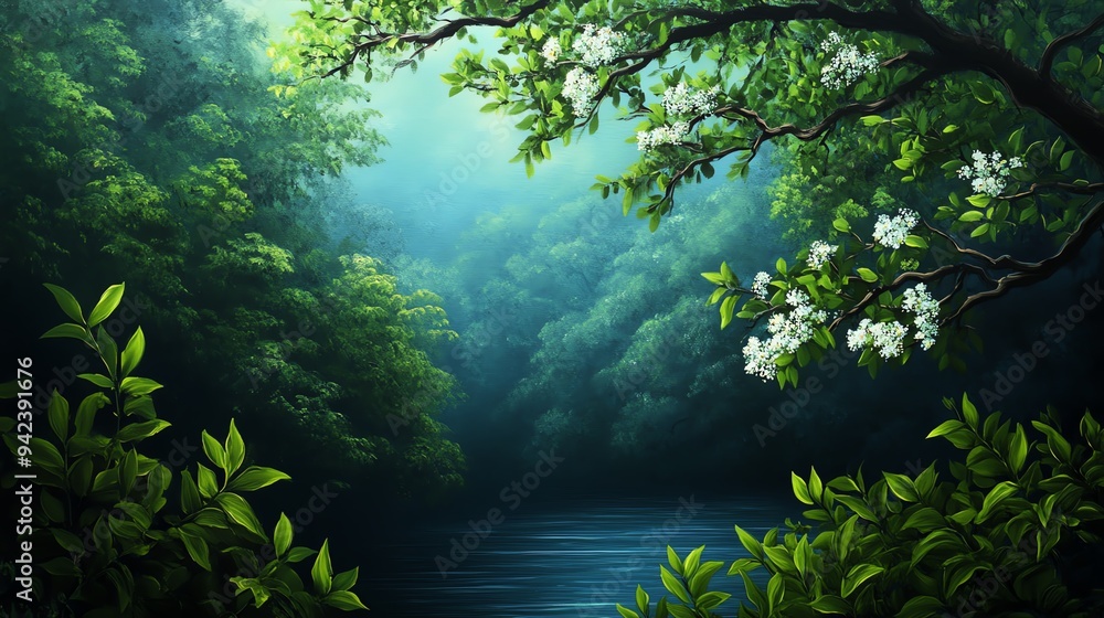 Misty forest scene with a river and blooming tree branches. Misty forest scene with a river and blooming tree branches.