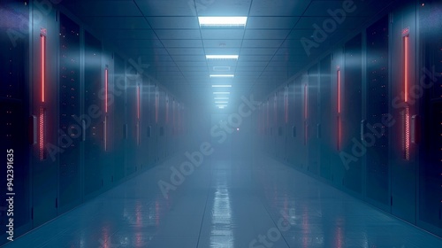 Empty server room hallway with glowing red lights