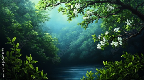 Misty forest scene with a river and blooming tree branches.