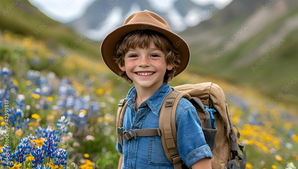 Happy boy in a hat smiles in a field of wildflowers with mountains in the background, capturing the joy of nature and exploration.