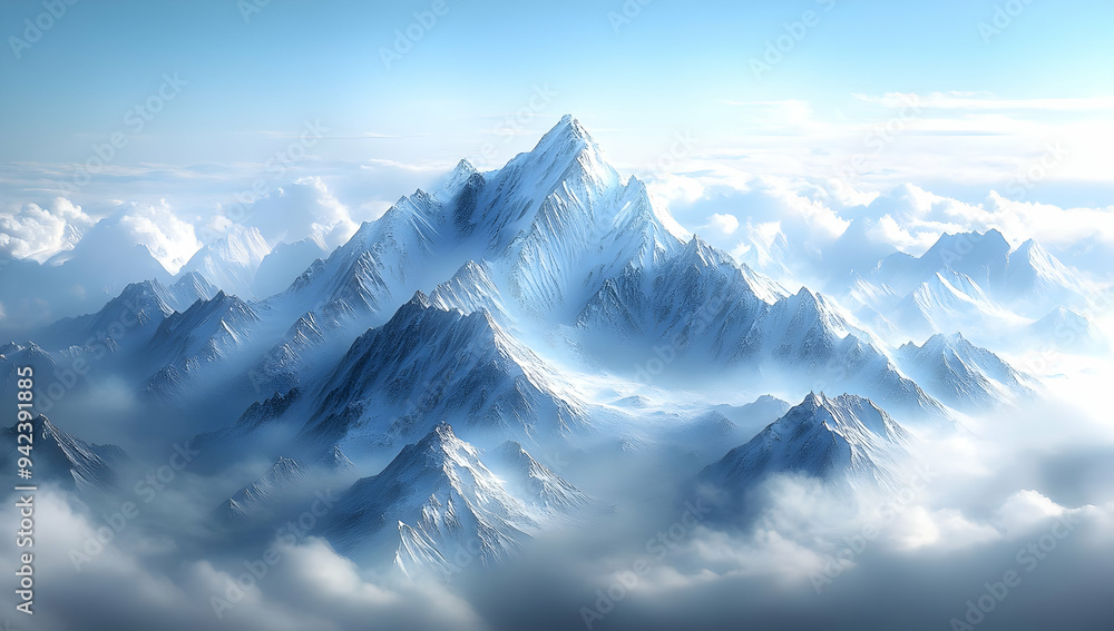 Obraz premium Majestic mountain surrounded by clouds, showcasing nature's beauty and tranquility in a serene, breathtaking landscape.