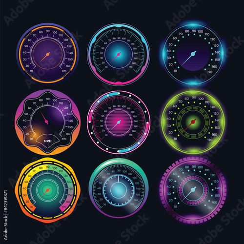 Set of realistic glowing car speedometer dashboard icon collection, Speed meter fast race technology design measurement panel. Pushing to limit with cool engery glow effect. Gauge control with numbers