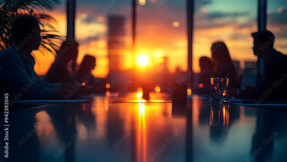 Fototapeta premium Silhouetted figures in a meeting room with a stunning sunset view, creating a dramatic and inspiring atmosphere.