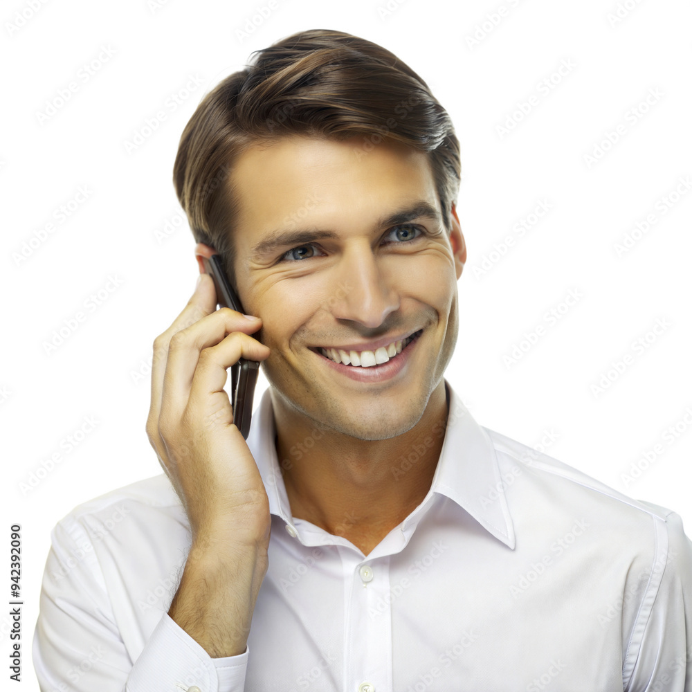 Smiling man talking on the phone, happy and engaged in conversation Smiling man talking on the phone, happy and engaged in conversation