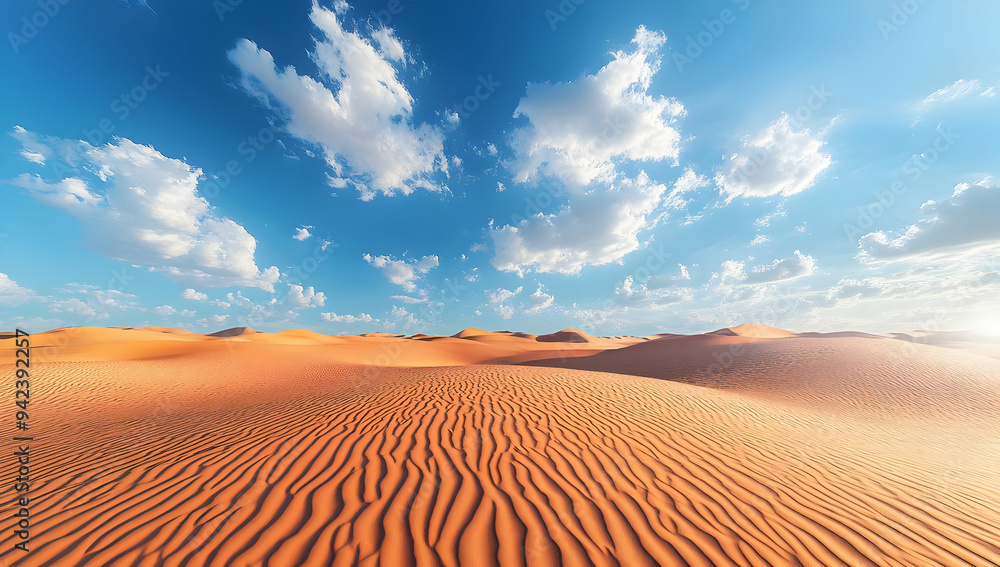 Naklejka premium Vast desert landscape under a blue sky, showcasing undulating sand dunes and fluffy clouds for an inspiring nature scene.
