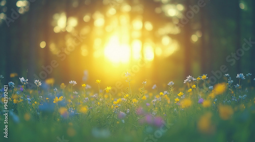 a cricket singing among flowers, scene into a nothern boreal emysphere forest during a spring sunrise.