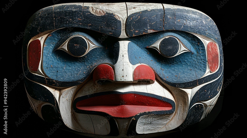 Traditional Carved Wooden Mask with Geometric Patterns and Human Features Traditional Carved Wooden Mask with Geometric Patterns and Human Features