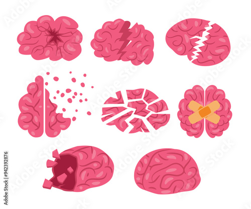 Set of broken human brain shape broken into pieces set collection with Breakdown concept, depression, sorrow symbol in doodle style. Mental health, psychology icon, alzheimer disease icon illustration