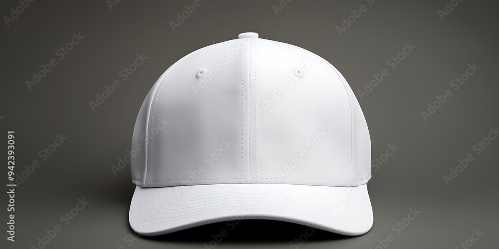 A blank baseball cap mockup with a flat brim on a white surface. A blank baseball cap mockup with a flat brim on a white surface.