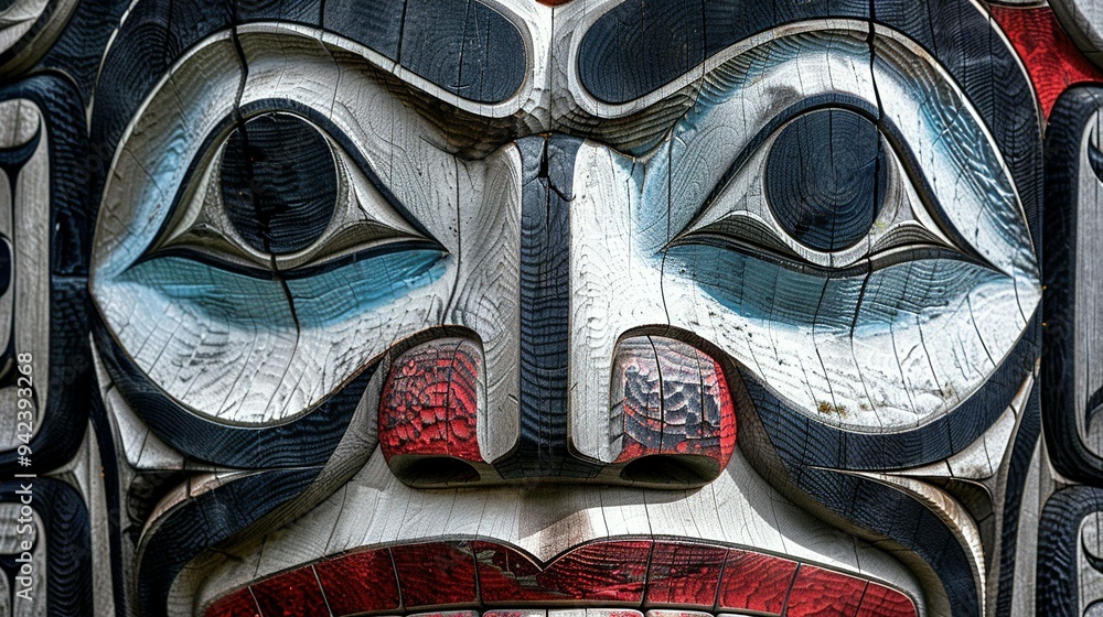 Close-up of a Carved Totem Pole Face with Intricate Details Close-up of a Carved Totem Pole Face with Intricate Details