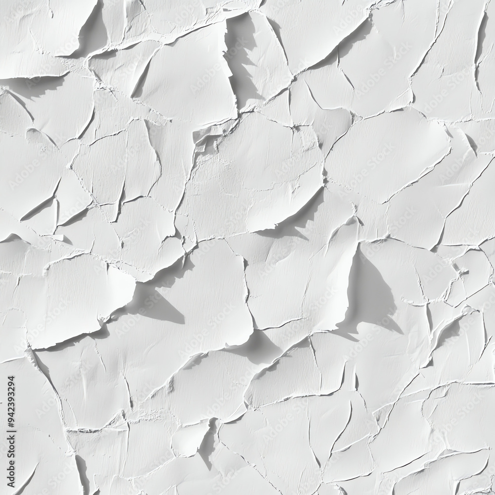 A textured surface of cracked, light gray paint.
A textured surface of cracked, light gray paint.