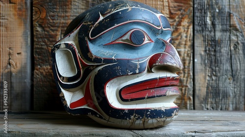 Carved Wooden Mask with Intricate Designs and Blue, Red, and White Paint photo