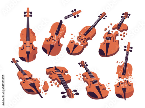 Set of broken violin set collection with broken strings, Restringing the violin is the theme, shattered or torn musical instrument, classic perform artist viola, flat vector illustration.