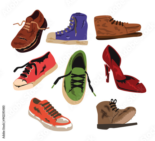 Set of broken shoes set collection with old, torn and dirty smell shoes fashion, torn shoes, boots in need of repair and cleaning, Old shabby ragged torn boots, flat vector illustration.