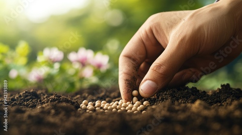 A person seeds the earth, nurturing growth and life. A close-up of planting in soil represents hope and renewal.