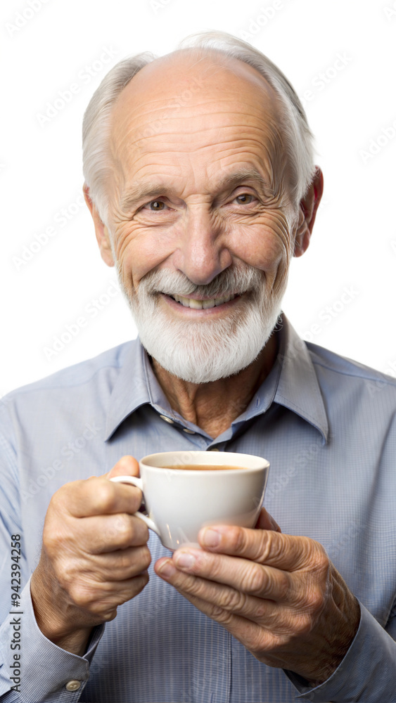 Elderly man smiling while holding a coffee cup, enjoying a warm drink Elderly man smiling while holding a coffee cup, enjoying a warm drink