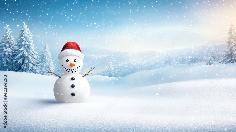 Happy snowman standing in christmas landscape. Snow background with copy space Happy snowman standing in christmas landscape. Snow background with copy space