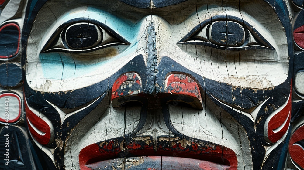 Close-up of a Carved Wooden Totem Pole Face Close-up of a Carved Wooden Totem Pole Face